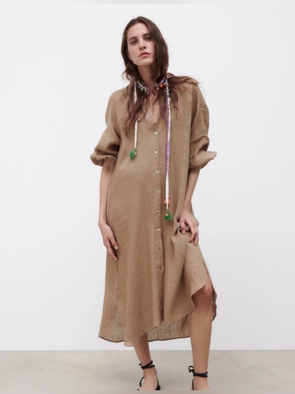Zara Linen Midi V-Neck Button Front Shirt Dress XL